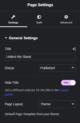 Elementor Page Settings showing Hide Title set to Yes