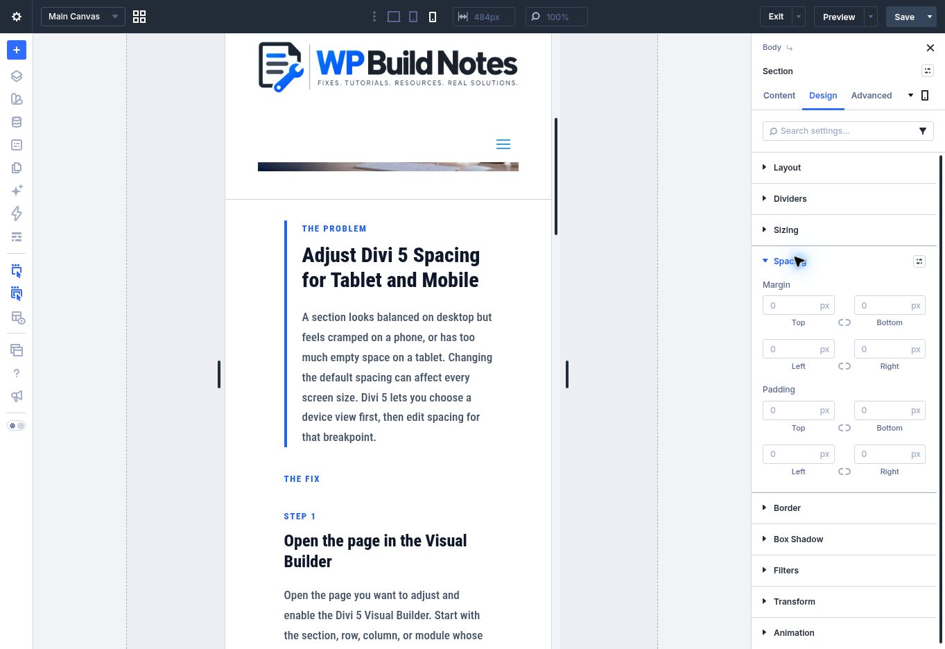 Divi 5 Visual Builder in Phone view with the Design > Spacing controls open.