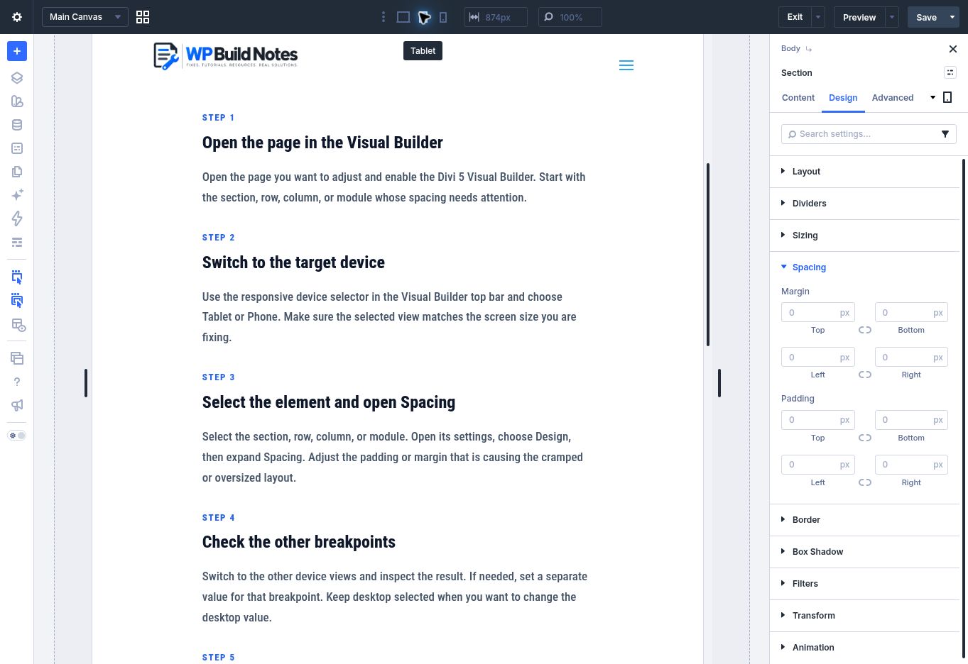 Divi 5 Visual Builder in tablet view with Design > Spacing controls open.