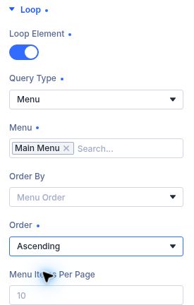 Divi 5 Menu Loop query settings: Menu query, Main Menu, and ascending menu order
