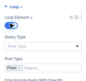 Divi 5 Loop Element query configured for the Fixes custom post type