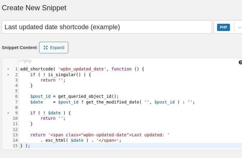 Code Snippets editor with a last updated date shortcode example, before saving.