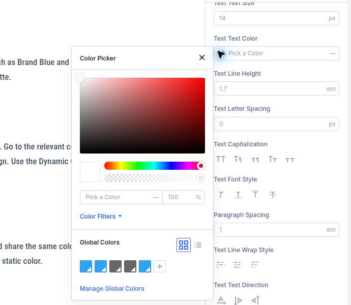 Divi 5 Text Color field with the Global Colors palette open.
