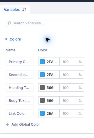 Divi 5 Variable Manager open to Colors, showing named Global Color variables and the Add Global Color control.