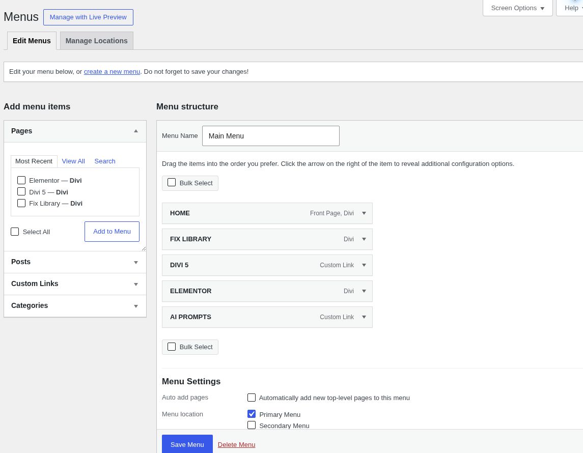 WordPress Appearance Menus screen showing Main Menu items and Primary Menu location selected