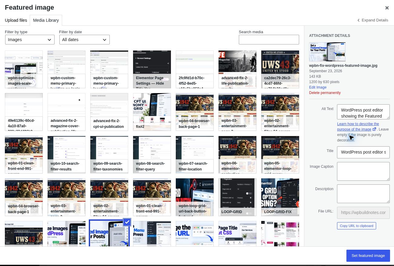 WordPress Featured image chooser showing Media Library, selected image, and Set featured image button