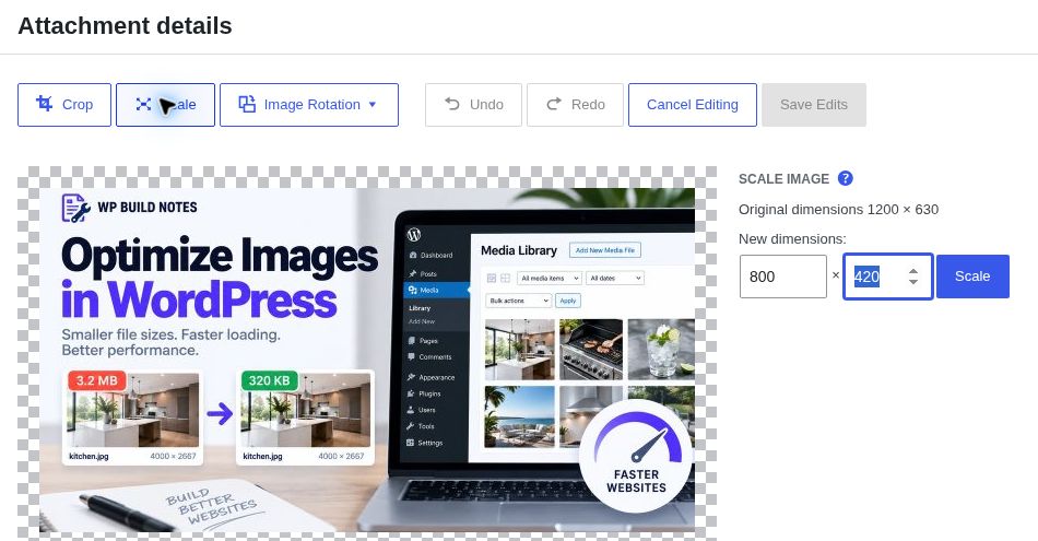 WordPress Scale Image controls showing original dimensions 1200 by 630 and proportional example 800 by 420
